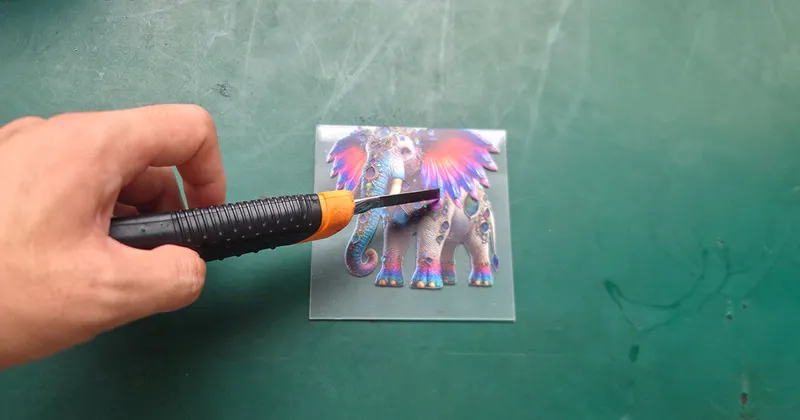 Manual scratch adhesion testing with a utility knife on UV printed acrylic plate