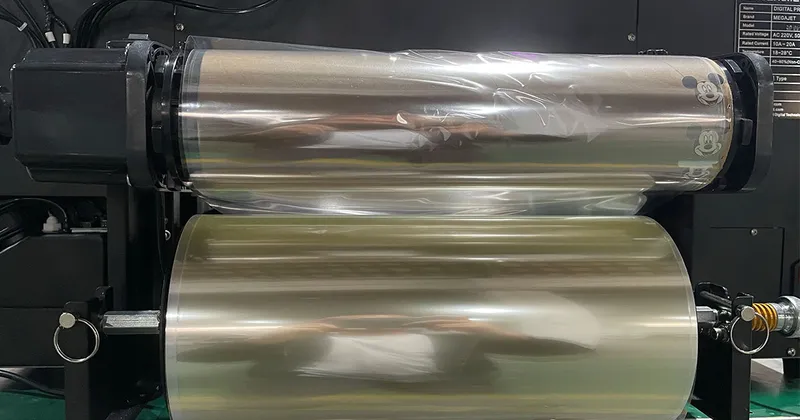 Rear roll-to-roll film feeding and continuous laminating assembly on a Megajet UV DTF printer