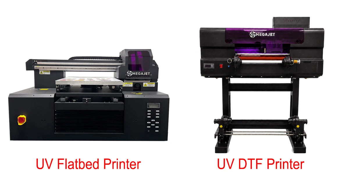 Megajet commercial UV flatbed printer vs roll-to-roll UV DTF printer comparison