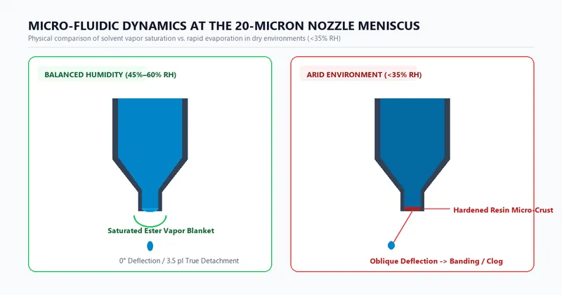 Cross-section diagram illustrating eco-solvent ink meniscus evaporation, micro-crust formation, and droplet deflection under low humidity