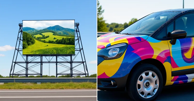Comparative outdoor durability test displaying highway billboard flex banner next to a wrapped commercial fleet van