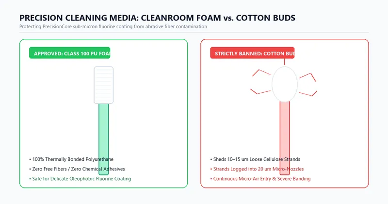 Comparison between cleanroom polyurethane foam swab and ordinary cotton bud under magnification