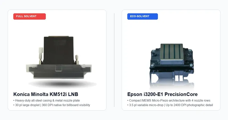 Industrial Konica Minolta KM512i full-solvent steel printhead compared alongside a genuine Epson i3200-E1 PrecisionCore printhead