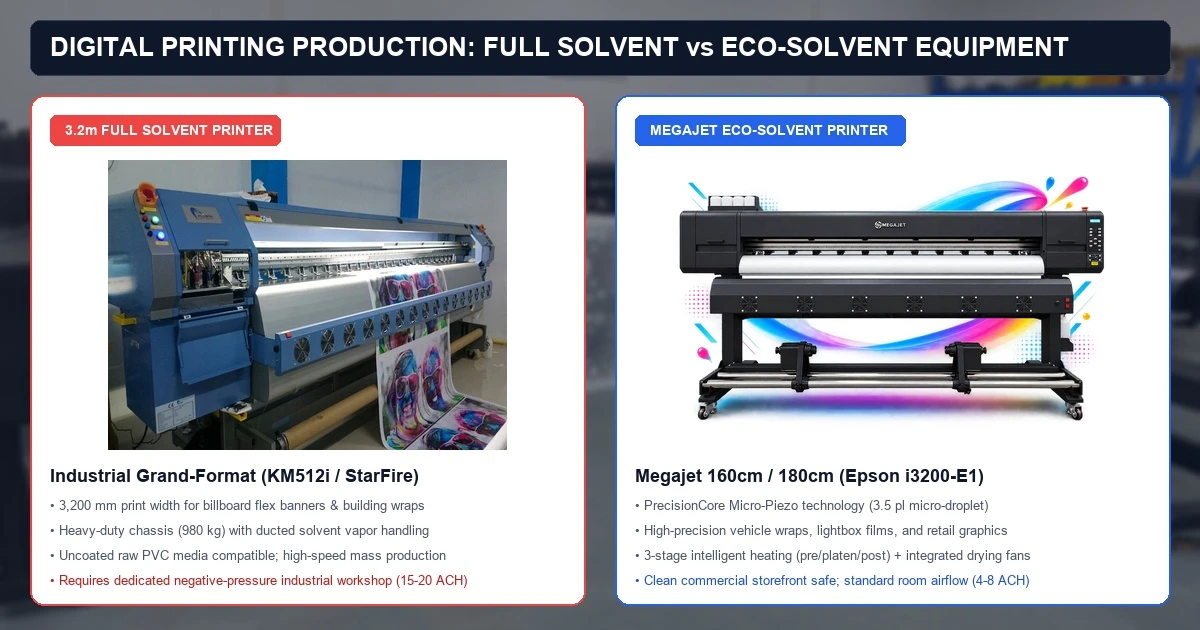 Side-by-side industrial comparison of commercial solvent printing and eco-solvent printing workflows